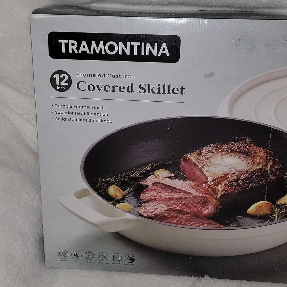 Tramontina 12 Inch Enameled Cast Iron Skillet & Covered Lid • White / Gold • New